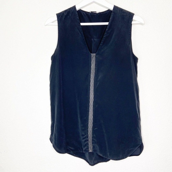 VINCE Silk Dye Cut Leather Strip Black Tank Sz XS - Picture 2 of 8